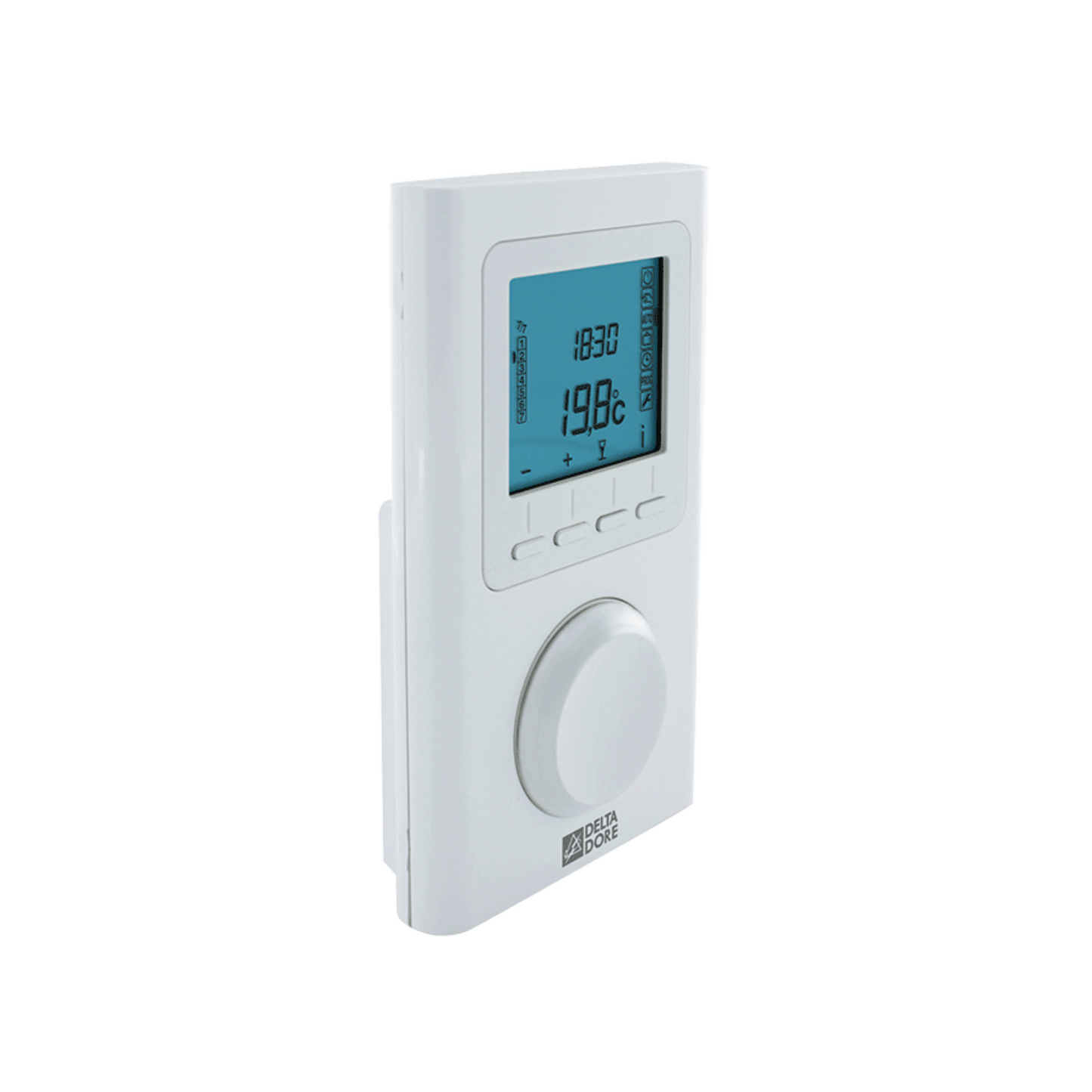 Delta Dore Funk-Thermostat X3D mit grossem beleuchtetem Display und programmierbaren Wochentagprogrammen.