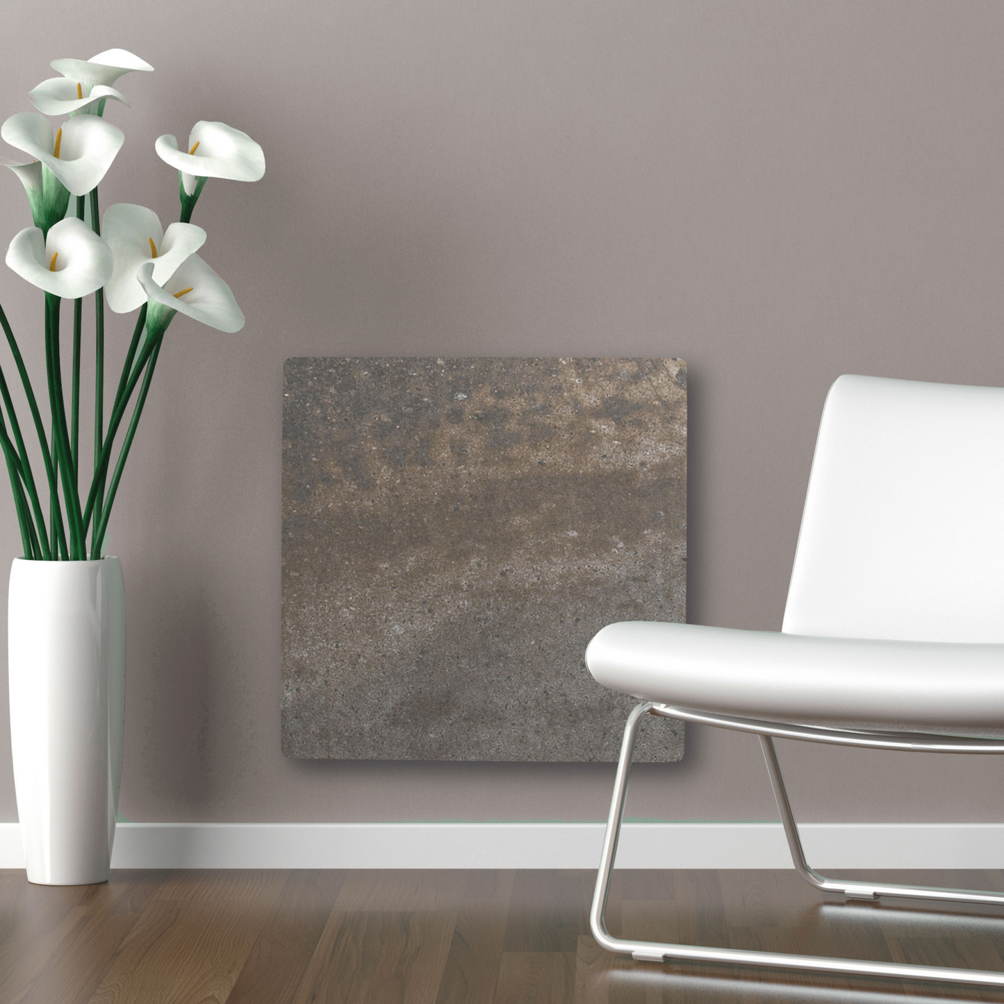 Climastar Avant WiFi Hybridheizung 800 W in Terra Limestone, Masse 50 x 50 cm, Wandmontage, eco-Sparmodus.