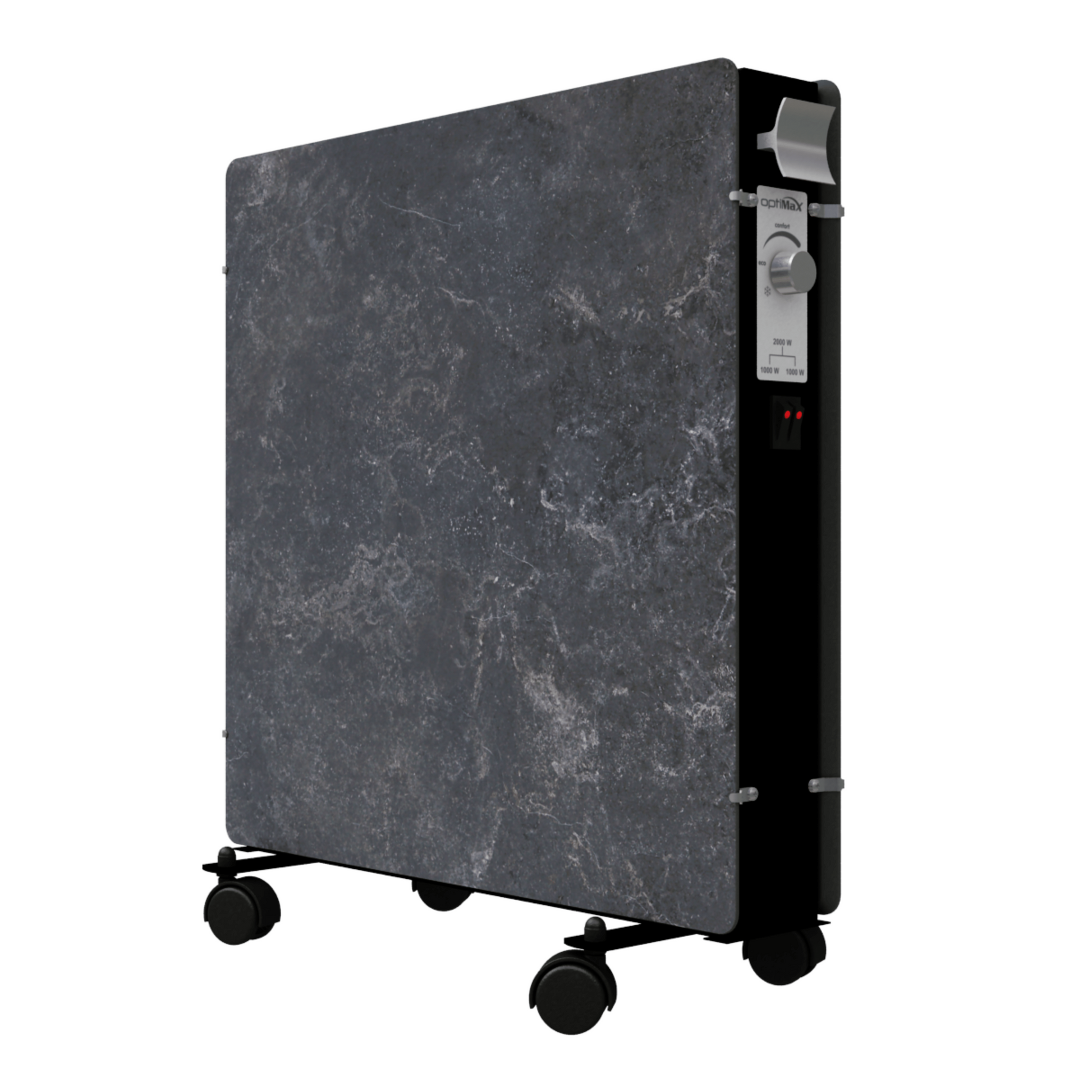 Climastar Optimax Dark Natura Infrarotheizung mit integriertem Thermostat und Aluminium-Griff für sicheren Transport.