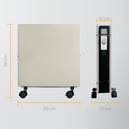 Climastar Optimax Infrarotheizung in Weiss, mobiler Einsatz und flexibler Aluminium-Griff für sicheren Transport.