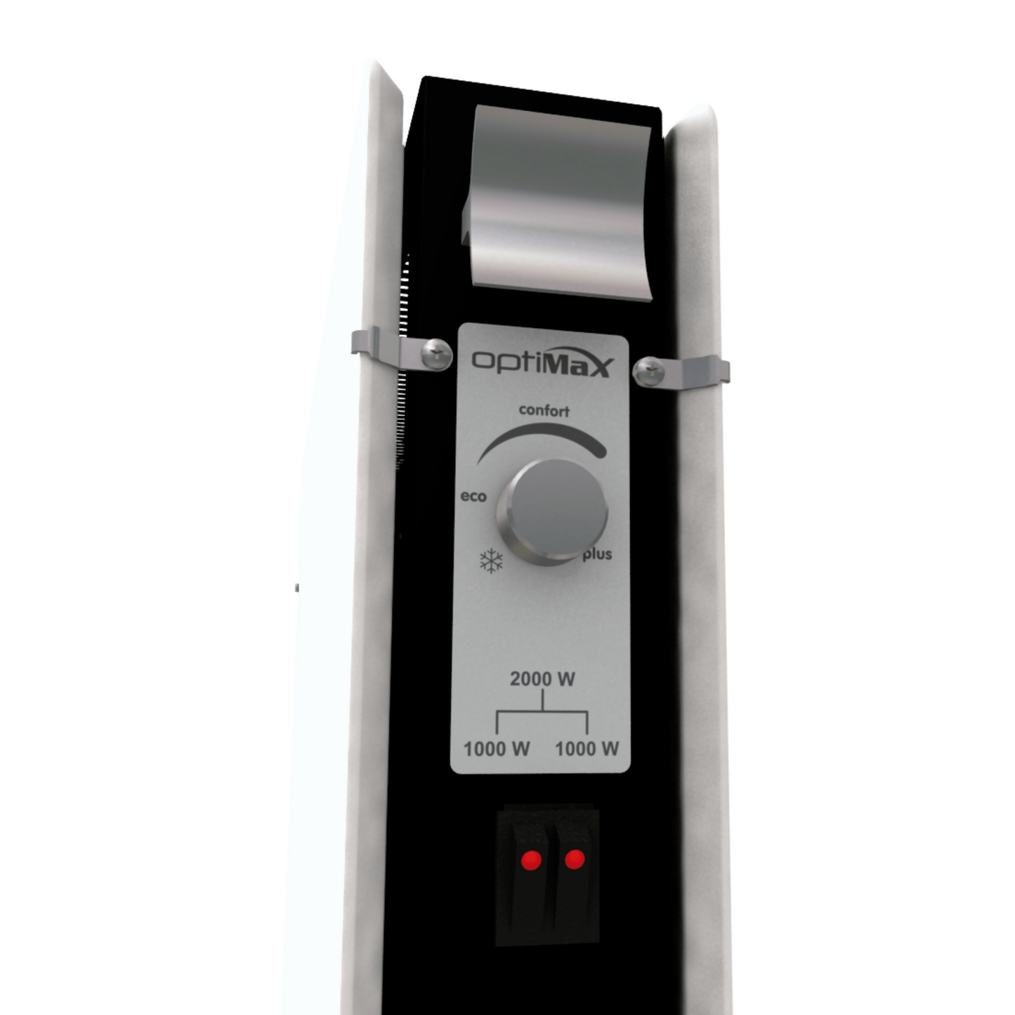 Climastar Optimax Infrarotheizung in Weiss mit Aluminiumgriff, mobil, Multi-Power 1000-2000 Watt, 56 cm hoch.