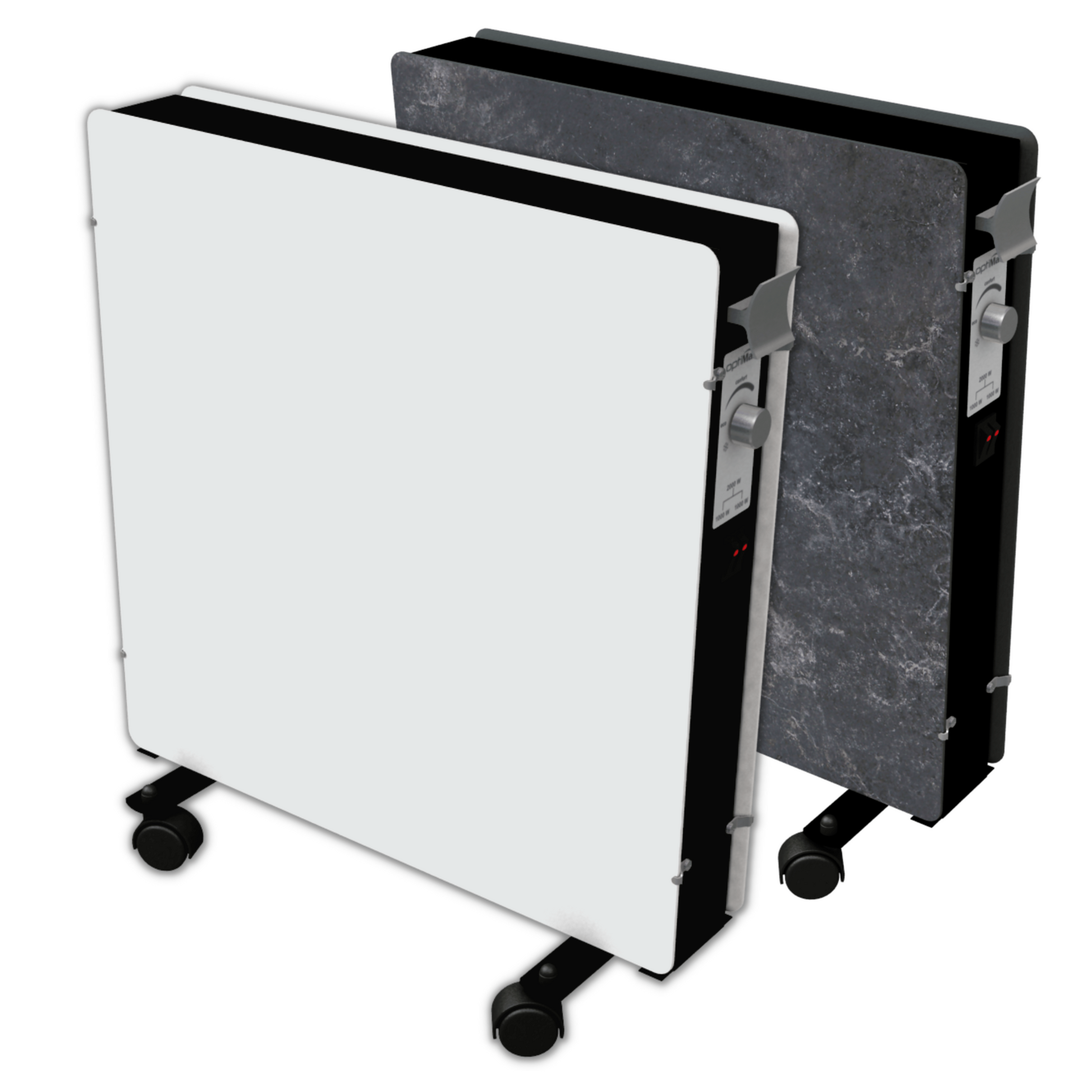 Climastar Optimax Infrarotheizung in Weiss mit Aluminium-Griff, 1000-2000 Watt Leistung und integriertem Thermostat.