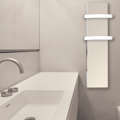 Handtuchtrockner Climastar Slim 500 Watt in Weiss Cashmere, 25 x 100 cm mit stilvollem Steindesign für effizientes Heizen.