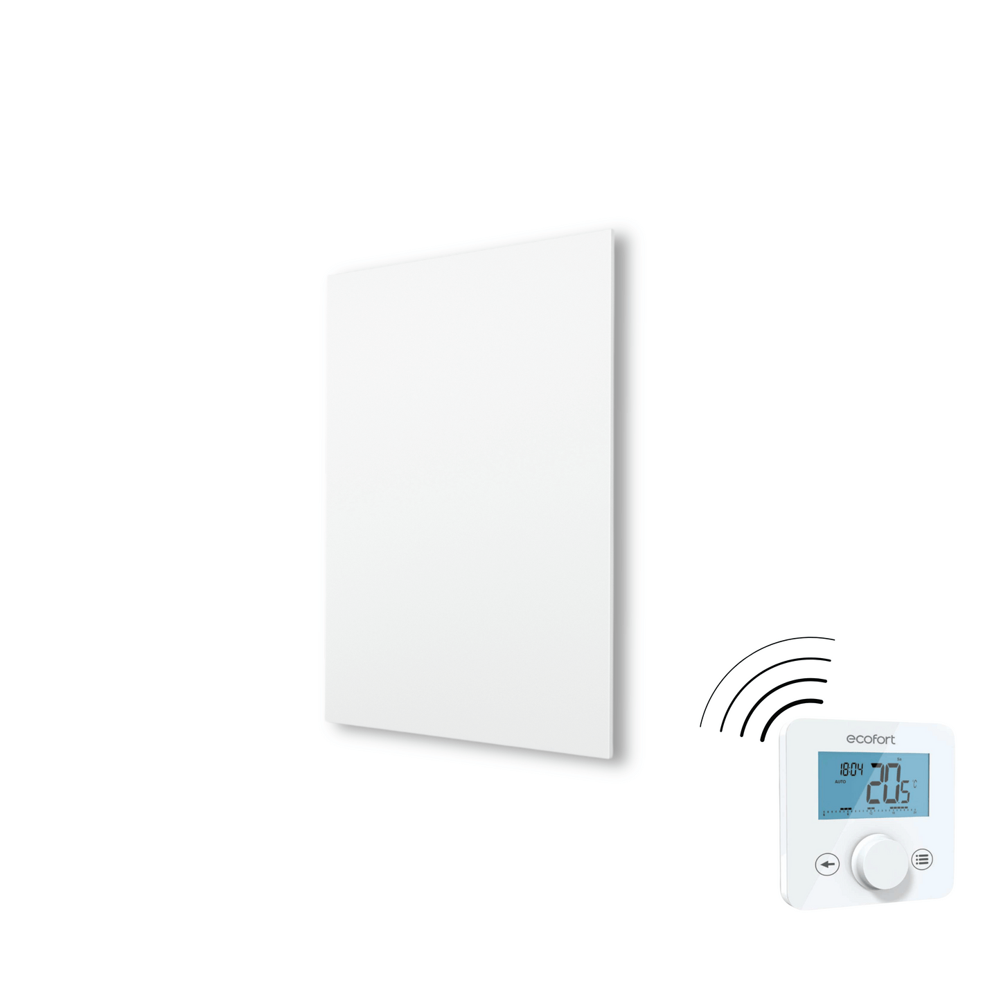 ecoheat Aura 350: Kompakte Infrarotheizung aus pulverbeschichtetem Metall mit Feinstruktur. Made in Germany – zur Wand- oder Deckenmontage geeignet.