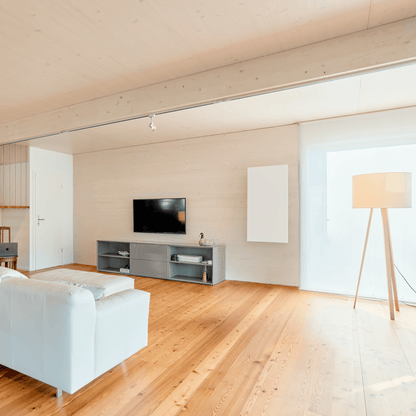 Stilvoll heizen mit ecoheat Aura 750: Pulverbeschichtetes Metall, deutsche Produktion, wand- oder deckenmontierbar – effizient und hochwertig.