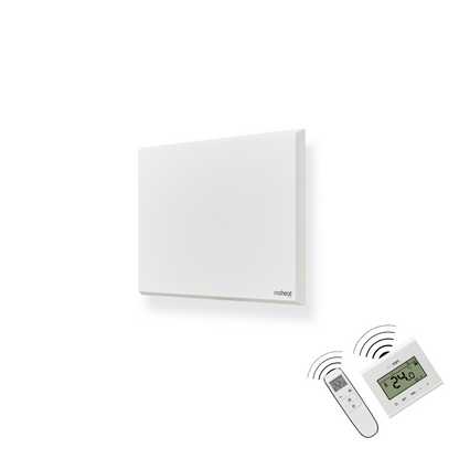 ecoheat Classic-T 300 Infrarotpanel an der Wand, mit integriertem Funk-Empfänger und ultra-flachem Design.