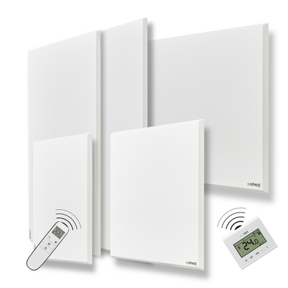 ecoheat Classic-T 300 Infrarot-Heizpanel in ultraflachem Design zur Wandmontage und Energieversorgung über Netzbetrieb.