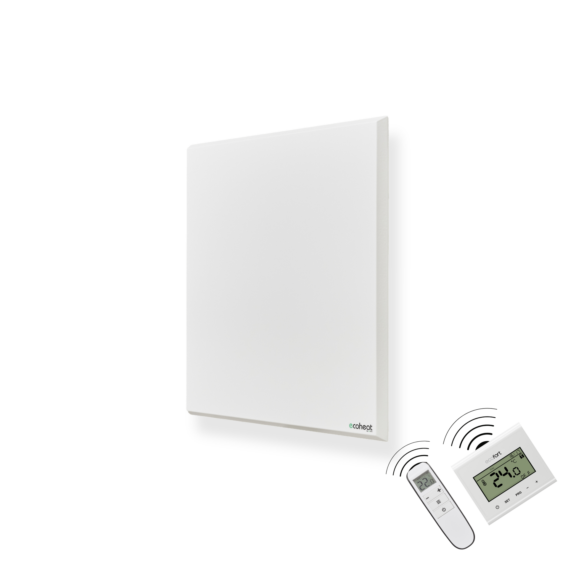 Wandmontiertes Infrarotheizpanel ecoheat Classic-T 450 in modernem, ultra-flachem Design, IP44, mit integriertem Funk-Empfänger.