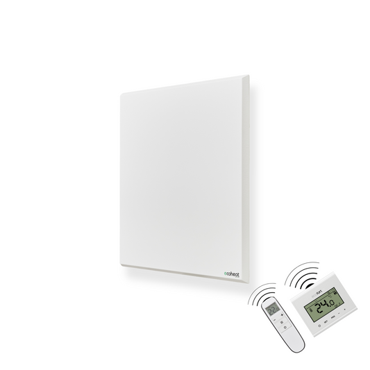 Wandmontiertes Infrarotheizpanel ecoheat Classic-T 450 in modernem, ultra-flachem Design, IP44, mit integriertem Funk-Empfänger.