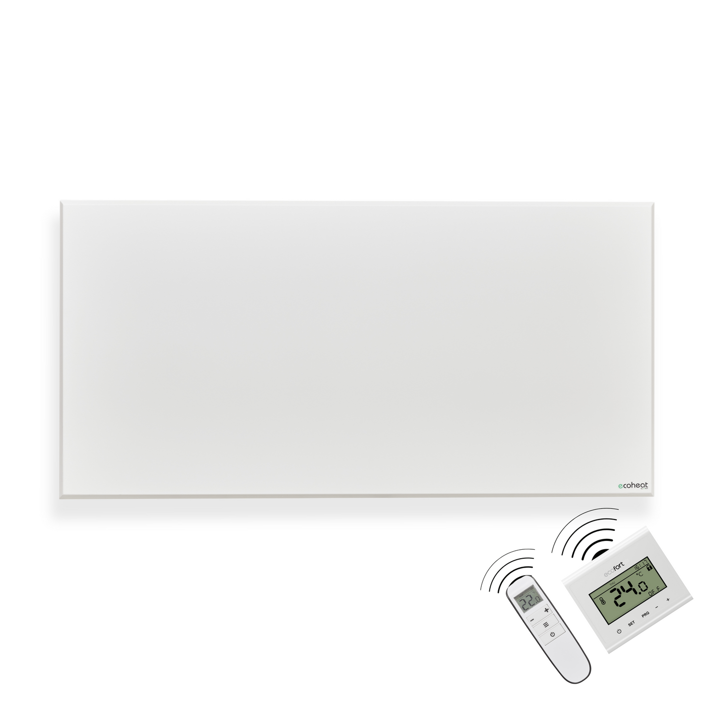 Ultra-flaches ecoheat Classic-T 900 Infrarotpanel zur Wandmontage mit integriertem Funk-Empfänger und Überhitzungsschutz.
