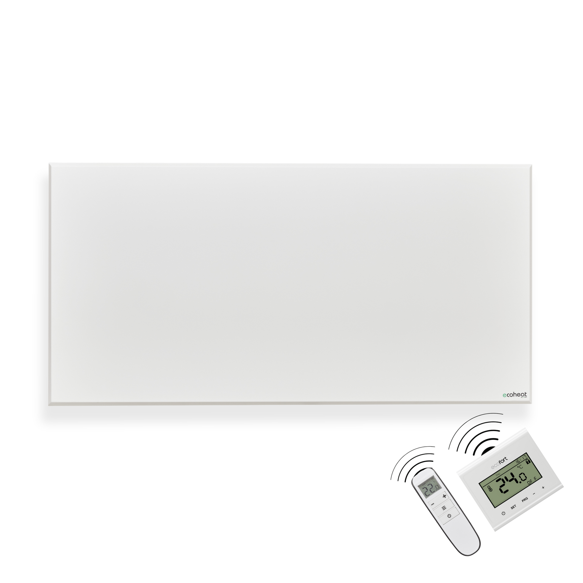 Ultra-flaches ecoheat Classic-T 900 Infrarotpanel zur Wandmontage mit integriertem Funk-Empfänger und Überhitzungsschutz.