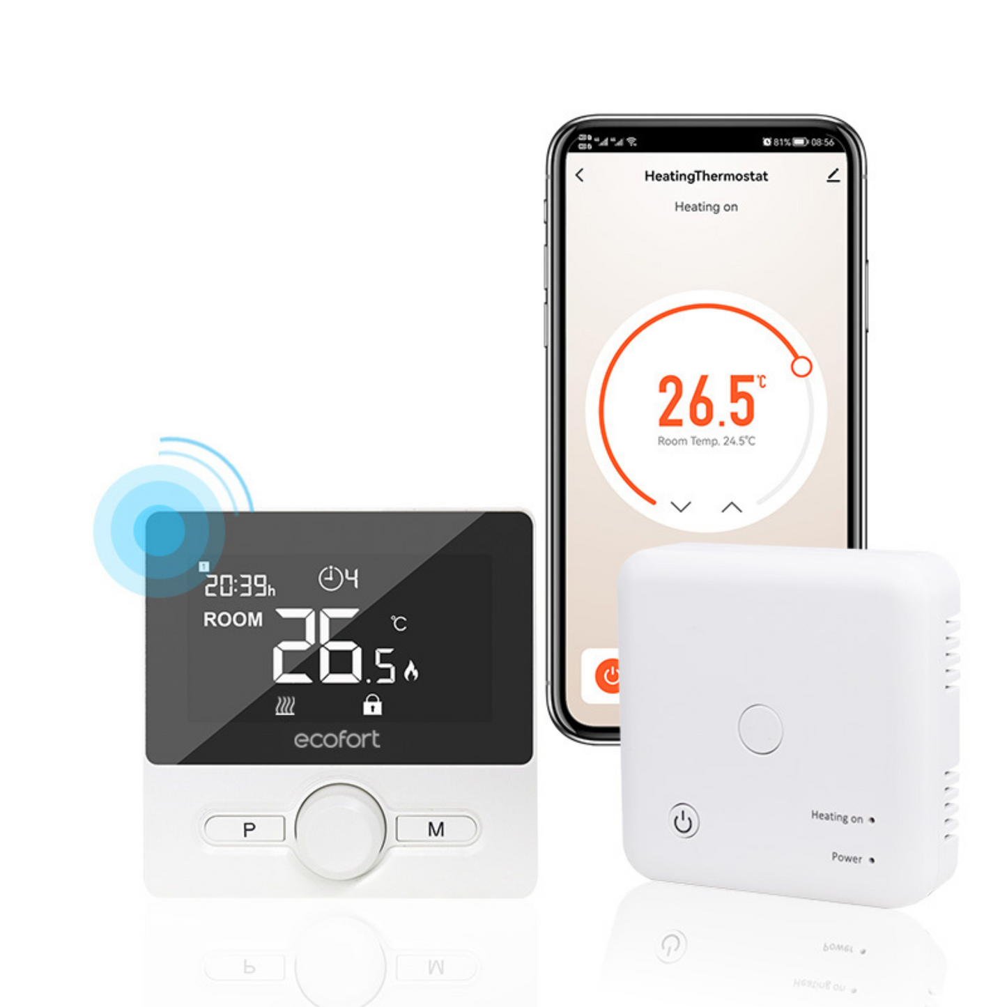 ecoheat Connect+ Set mit einfacher Bedienung, Funkreichweite von 120 m und batteriebetriebenem Design.