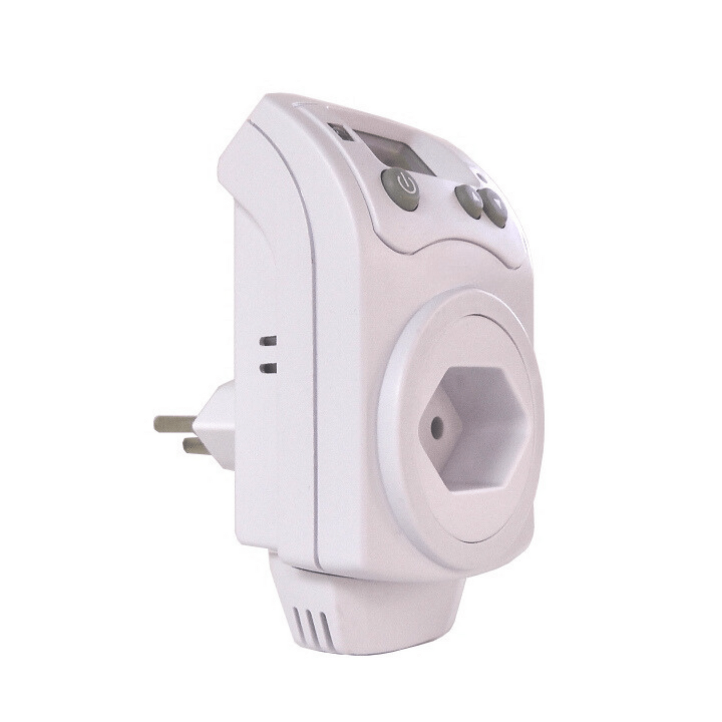 ecoheat DST Steckdosenthermostat auf Steckdose mit klarem Menü und manuellem Temperatursensor.