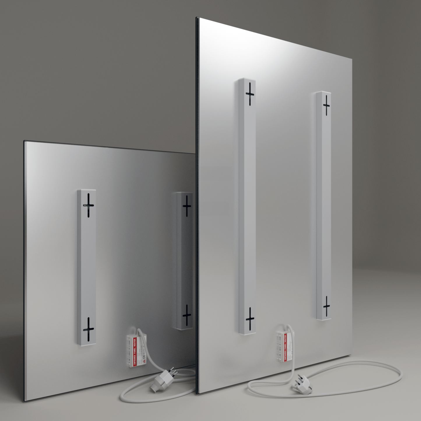 ecoheat Infrarot Heizpaneel Specchio 400 W 60x60 cm mit glatter Spiegeloberfläche und rahmenlosem Design.