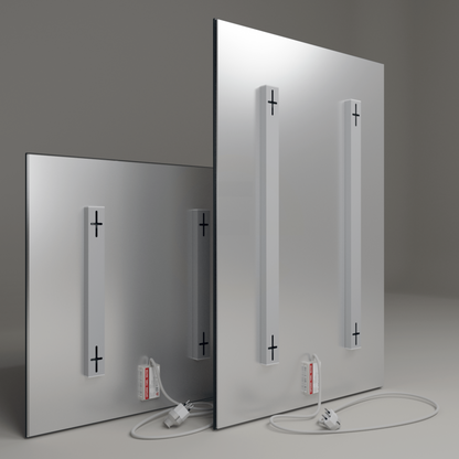 ecoheat Infrarot Heizpaneel Specchio 400 W 60x60 cm mit glatter Spiegeloberfläche und rahmenlosem Design.
