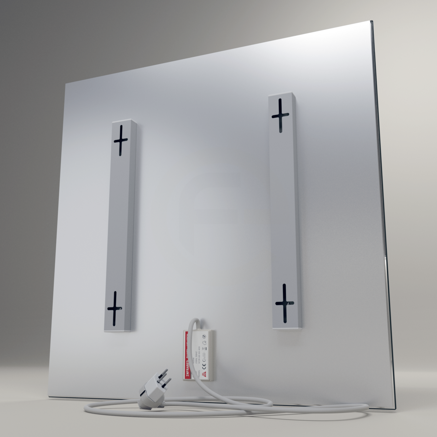 ecoheat Infrarotpanel Specchio 400 W in 60 x 60 cm mit glatter Spiegeloberfläche, rahmenlos und wartungsfrei.