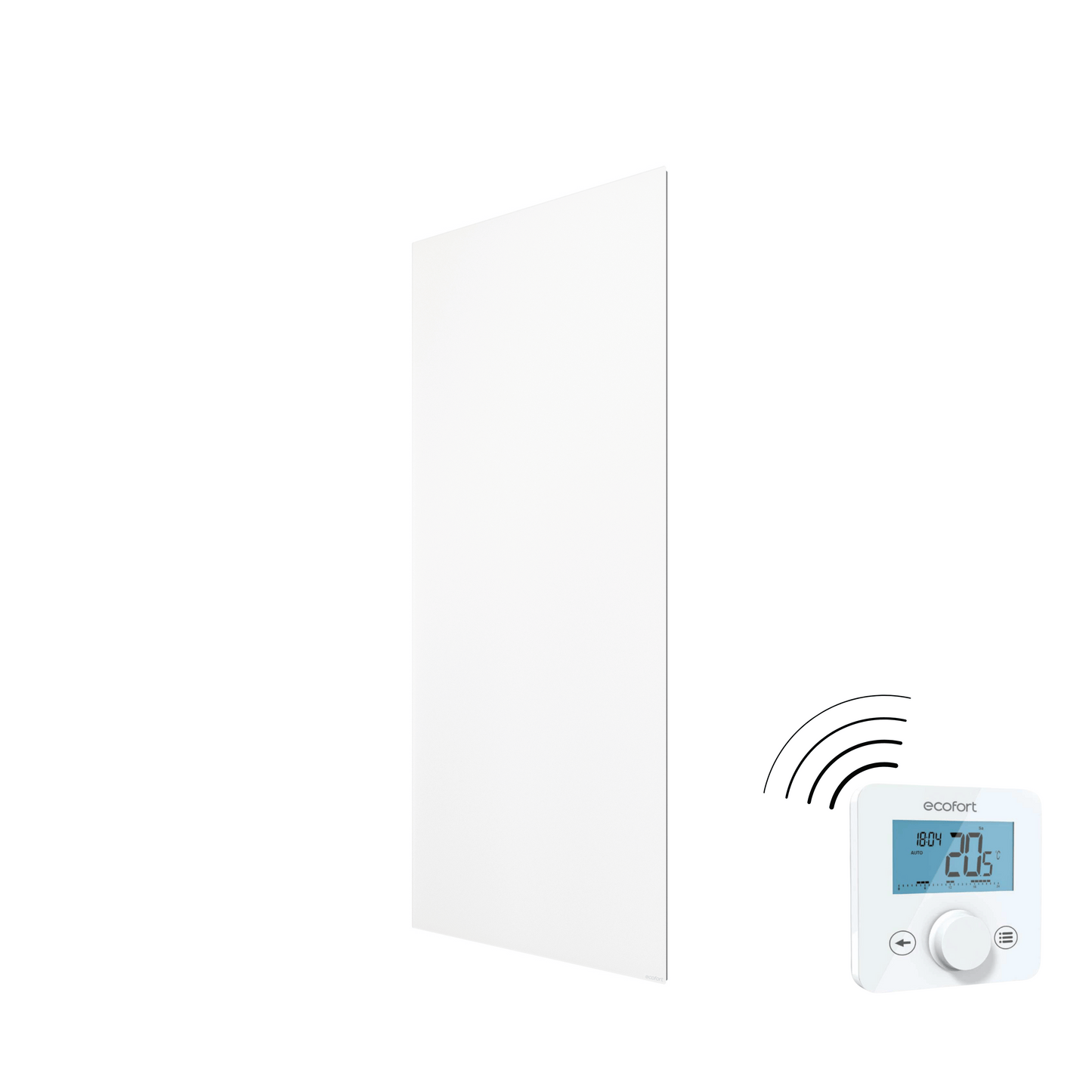 ecoheat Vitrea 360: Kompakte Glas-Infrarotheizung aus satiniertem Sicherheitsglas, Made in Germany. Für Wand & Decke – stilvoll, sicher und effizient.