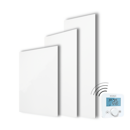 ecoheat Vitrea 370: Infrarotheizung aus satiniertem Sicherheitsglas. Made in Germany, für Wand & Decke – stilvoll, kompakt und effizient.