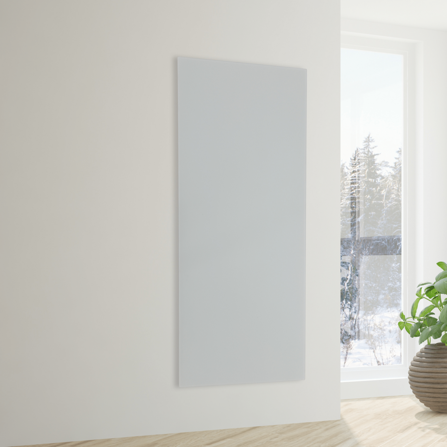 Elegantes Infrarot-Glasheizpanel FIRST Heating 1300 W in matt weiss für Wand- und Deckenmontage.