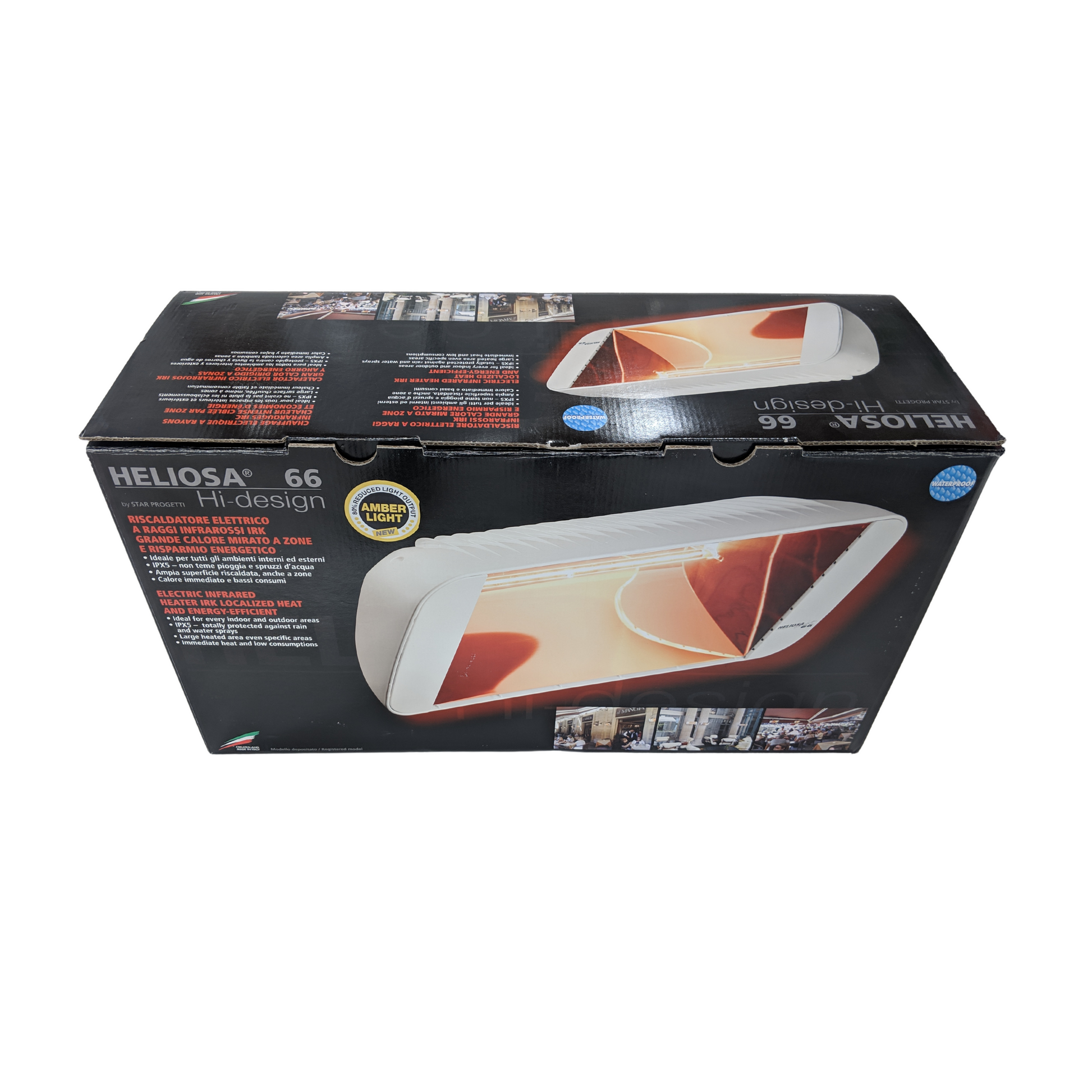 Heliosa 66 Amber Light Infrarot-Heizstrahler in Weiss an der Wand montiert, mit IPX5 Wasserstrahl-Schutz.