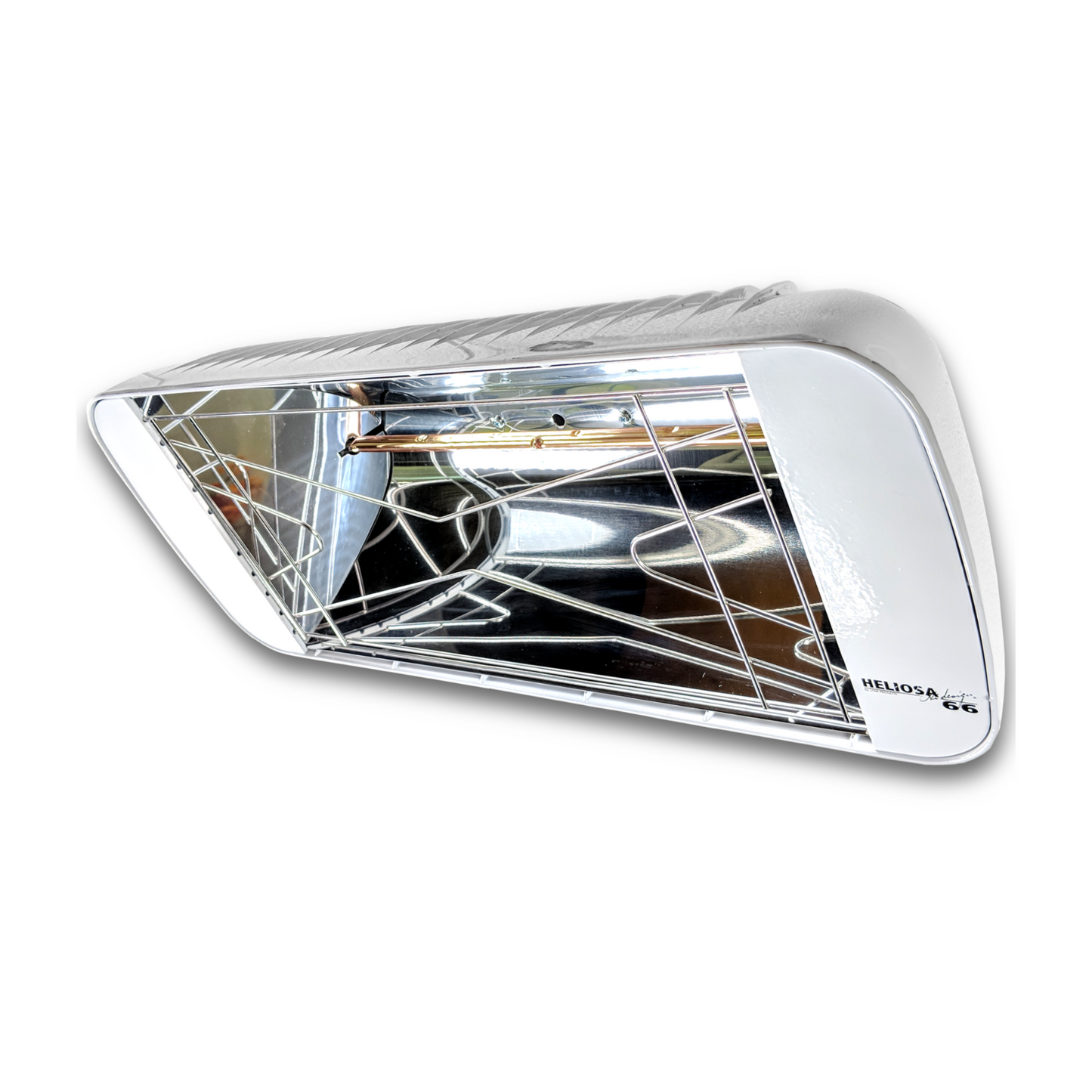 Heliosa 66 Amber Light Infrarot-Heizstrahler in Weiss, wandmontiert, IPX5 wassergeschützt, 2000 Watt Heizleistung.