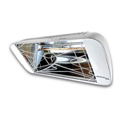 Heliosa 66 Amber Light Infrarot-Heizstrahler in Weiss, wandmontiert, IPX5 wassergeschützt, 2000 Watt Heizleistung.