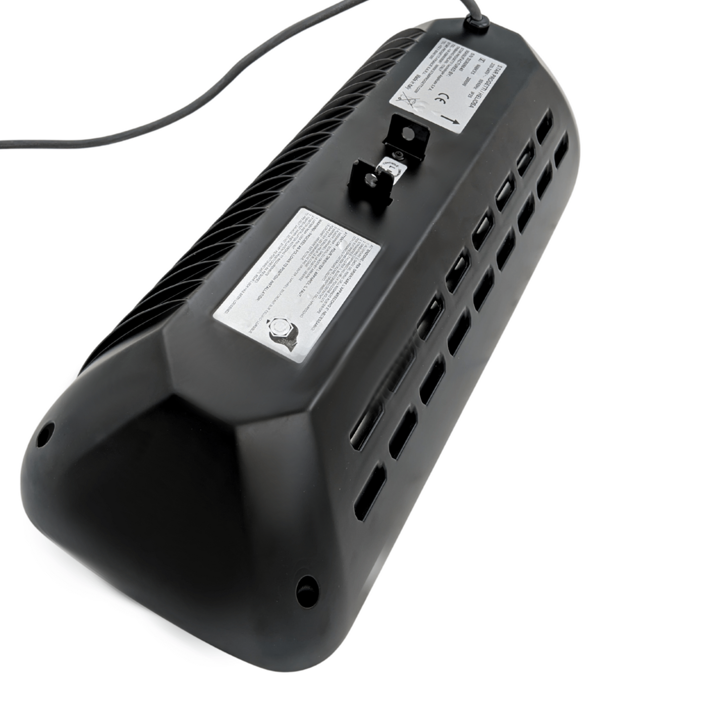 Heliosa 66 Black Heizstrahler in diskreter schwarzer Farbe, geschützt gegen Regen und Staub (IP25), mit hitzeresistentem Sicherheitsglas.