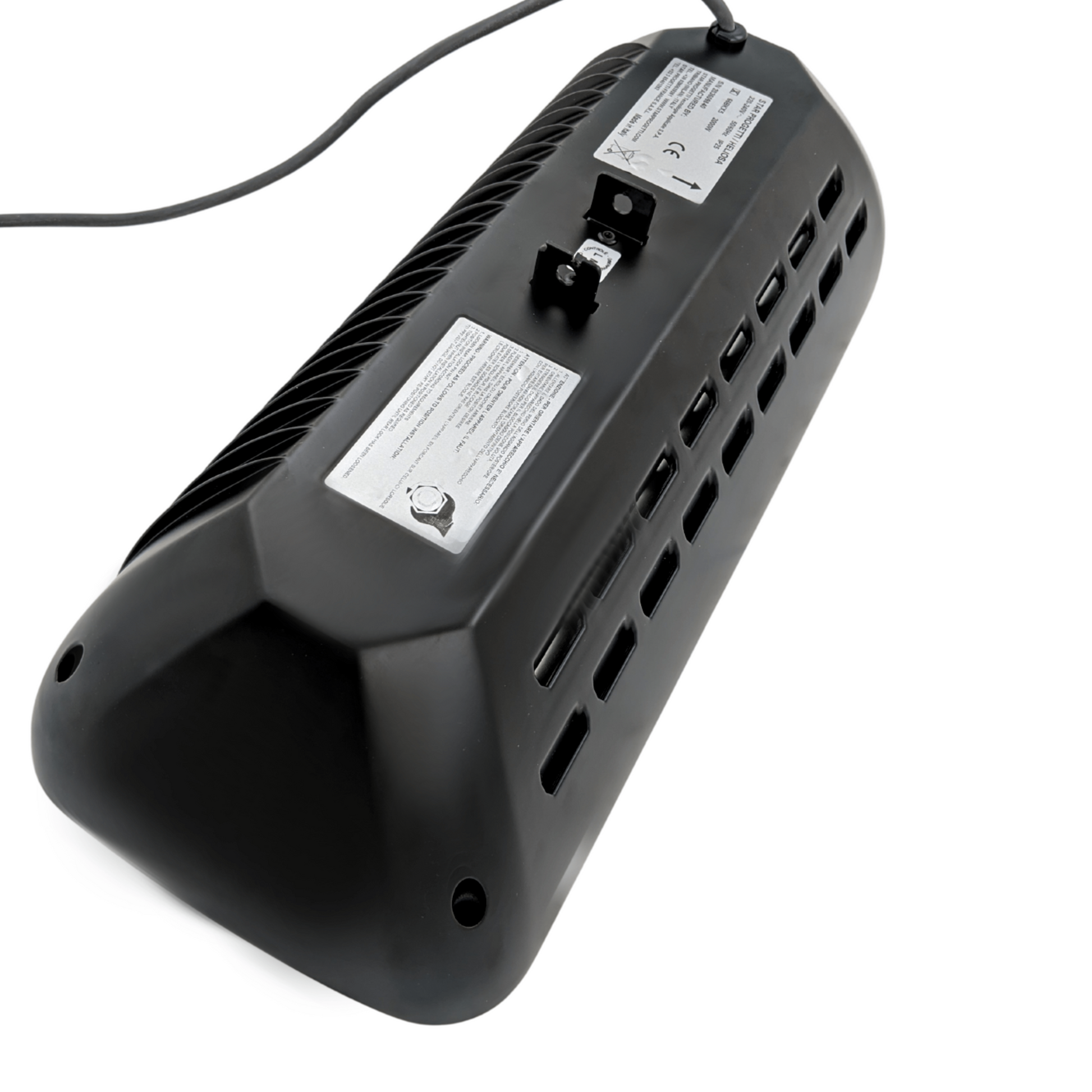 Heliosa 66 Black Heizstrahler in diskreter schwarzer Farbe, geschützt gegen Regen und Staub (IP25), mit hitzeresistentem Sicherheitsglas.