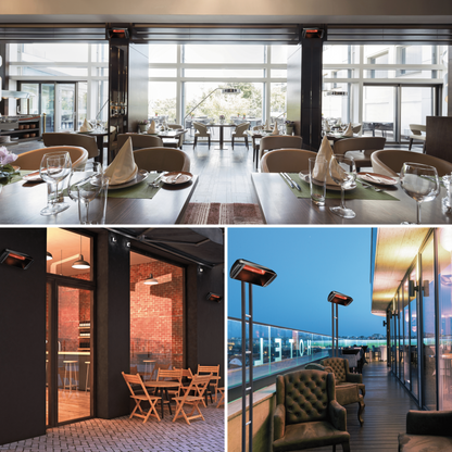 Heliosa 66 Black Heizstrahler in diskretem Schwarz, schützt gegen Regen und Staub, hitzeresistentes Sicherheitsglas.