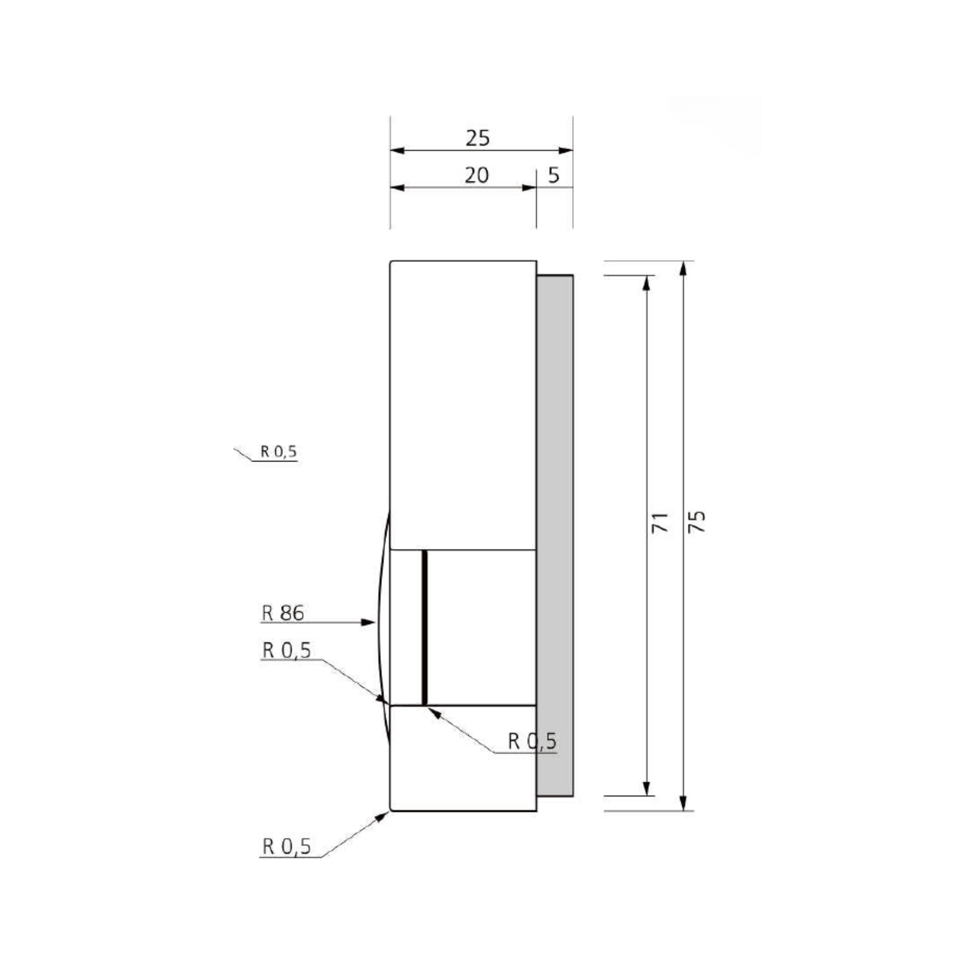 Salus RT10 Thermostat in weiss mit einfachen Bedienelementen, Höhe 2,5 cm, Breite 7,5 cm, zur Heizungssteuerung.