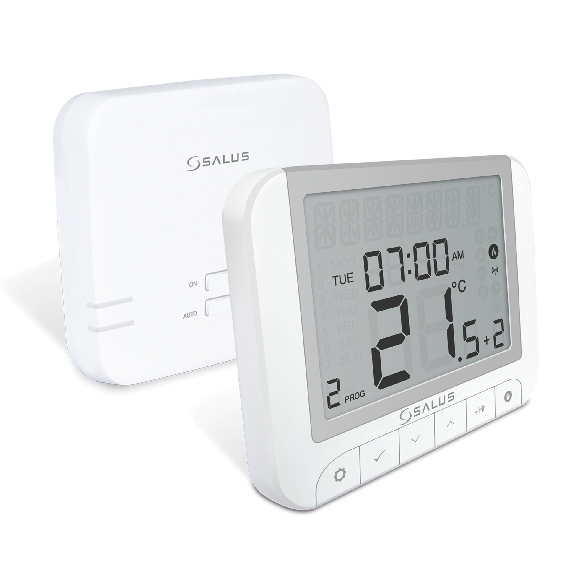 Salus RT520RFWE Funk-Thermostat mit grossem Display und Funk-Empfänger für programmierbare Heizsteuerung.