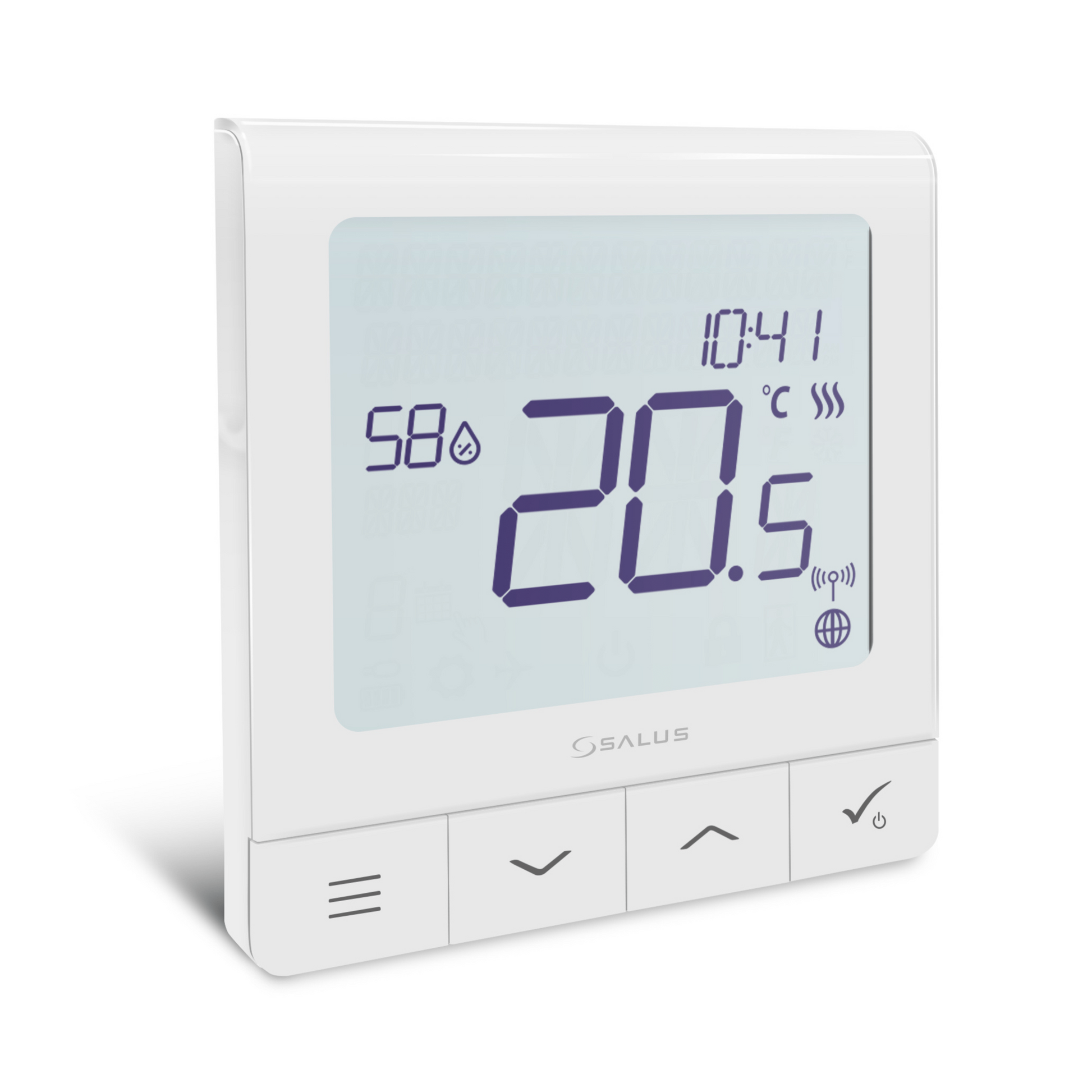 Salus Smart Home SQ610 Quantum Thermostat mit blau hinterleuchtetem Display und WLAN-Fernsteuerung.