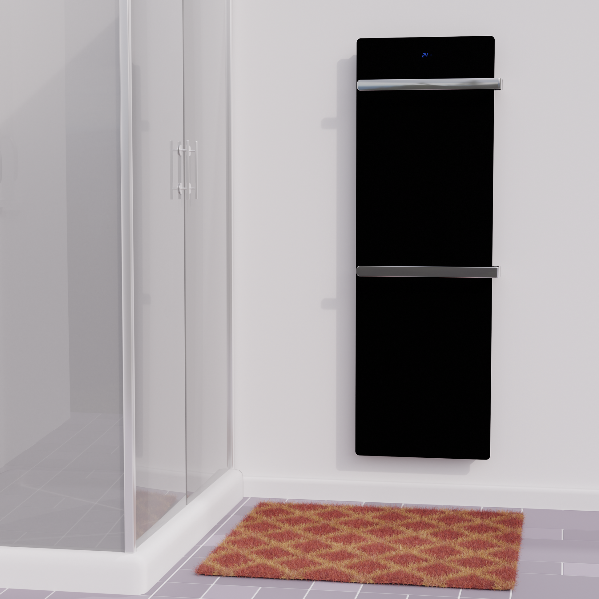 Matt schwarzer ZenSwiss Handtuchtrockner 52 x 160 cm mit zwei polierten Handtuchhaltern und integrierter Touch-Steuerung.