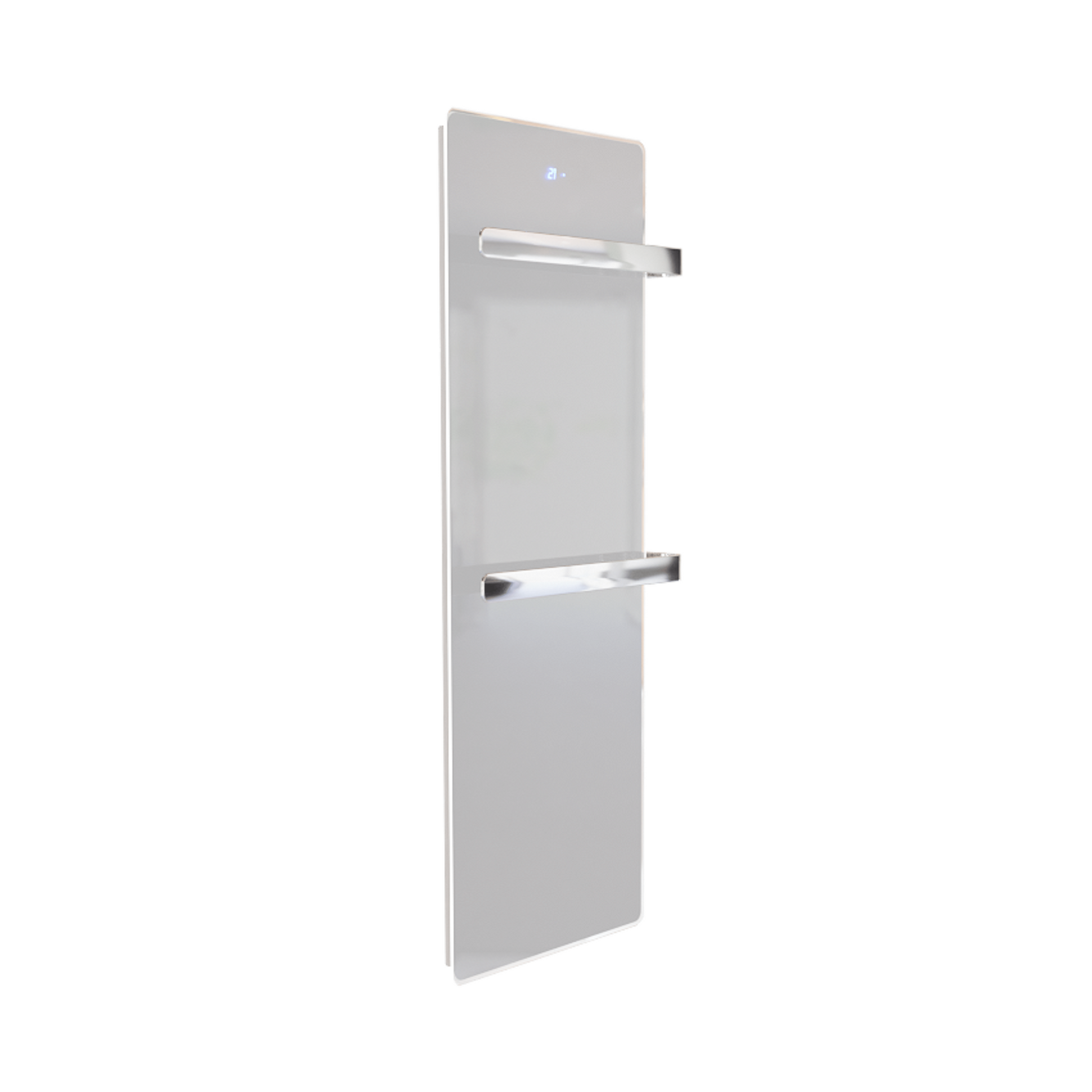 ZenSwiss furo Handtuchtrockner in Glanz Weiss mit integrierter Touch-Steuerung und polierten Handtuchhaltern.