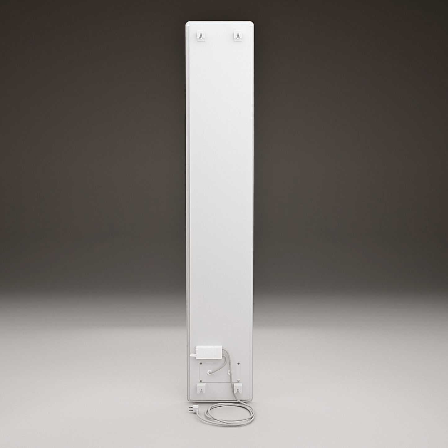 Elegantes ZenSwiss Infrarotpanel, 400W, matt weiss, mit flexibler kabelloser Steuerung und Glasoberfläche.