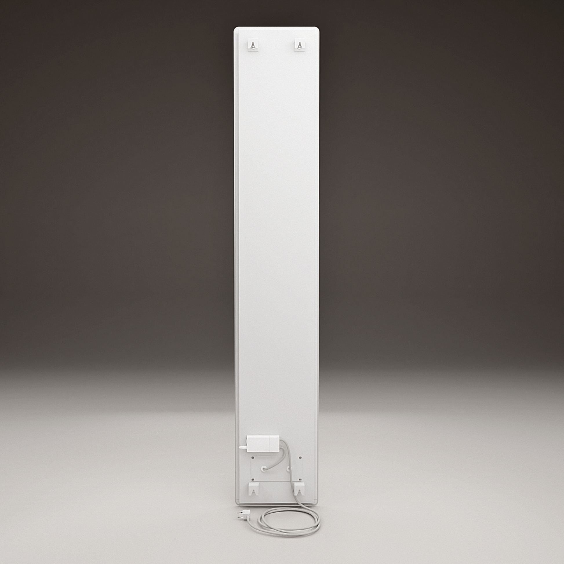 Elegantes ZenSwiss Infrarotpanel, 400W, matt weiss, mit flexibler kabelloser Steuerung und Glasoberfläche.