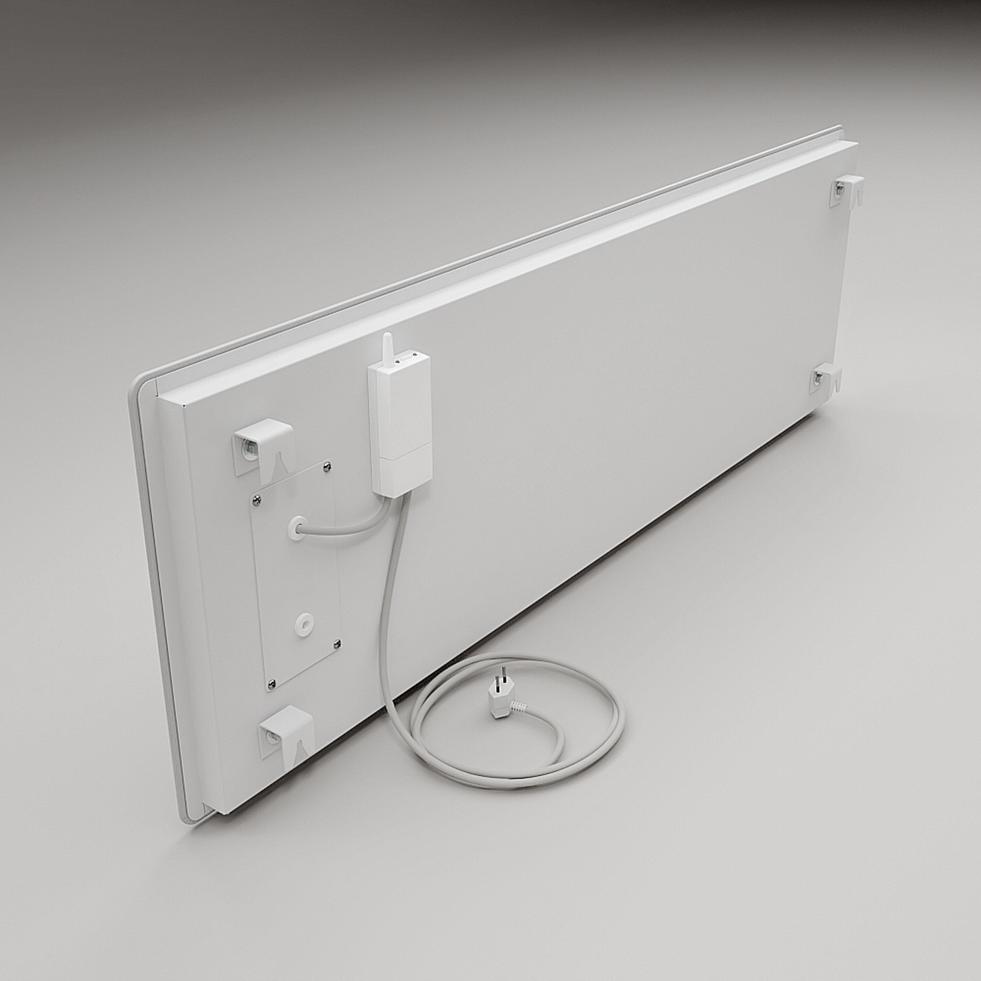 Elegantes ZenSwiss Infrarotpanel in Matt Weiss mit 390 Watt Heizleistung, montiert an der Wand.