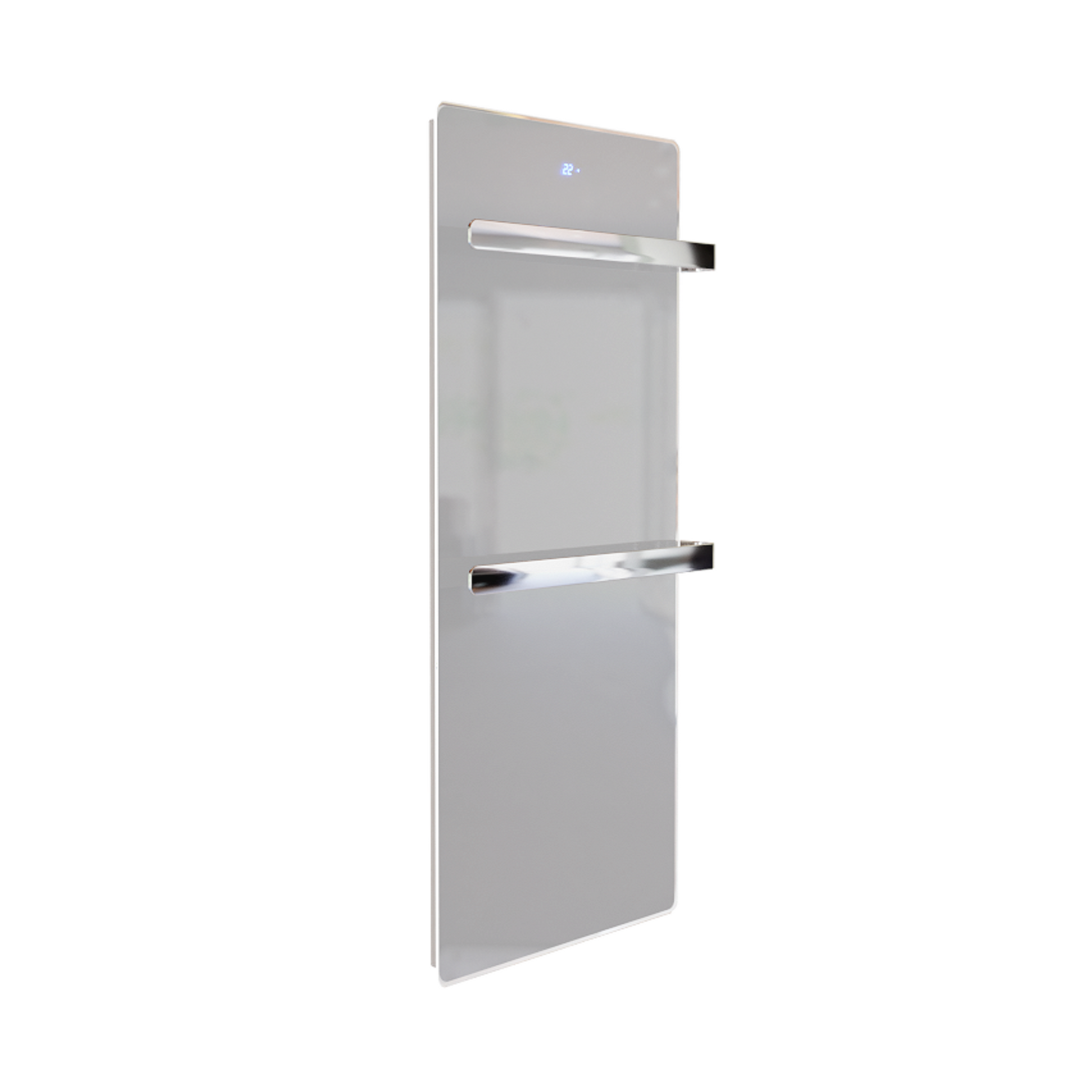 ZenSwiss furo Handtuchtrockner in Glanz Weiss (52x120 cm) mit polierten Handtuchhaltern und integrierter Touch-Steuerung.