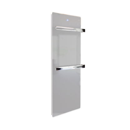 ZenSwiss furo Handtuchtrockner in Glanz Weiss (52x120 cm) mit polierten Handtuchhaltern und integrierter Touch-Steuerung.