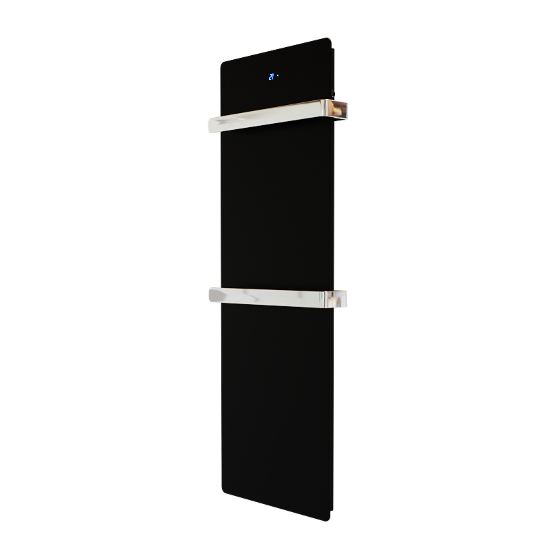 ZenSwiss furo Handtuchtrockner 42 x 120 cm in Glanz Schwarz mit glasfront und integrierter Touch-Steuerung.