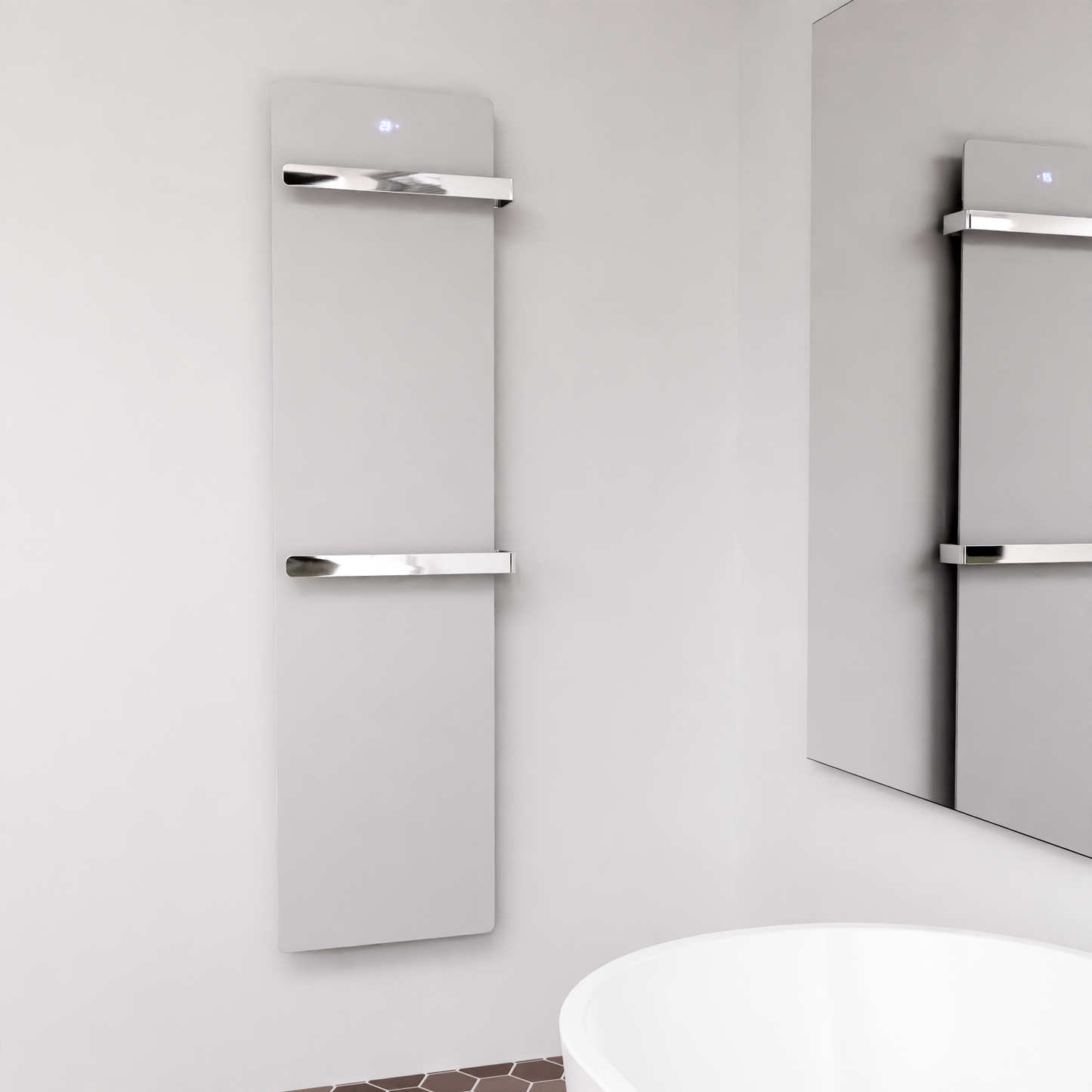 Eleganter Handtuchtrockner ZenSwiss furo aus hochwertigem Glas in Weiss, 42 x 160 cm, mit Touch-Steuerung.