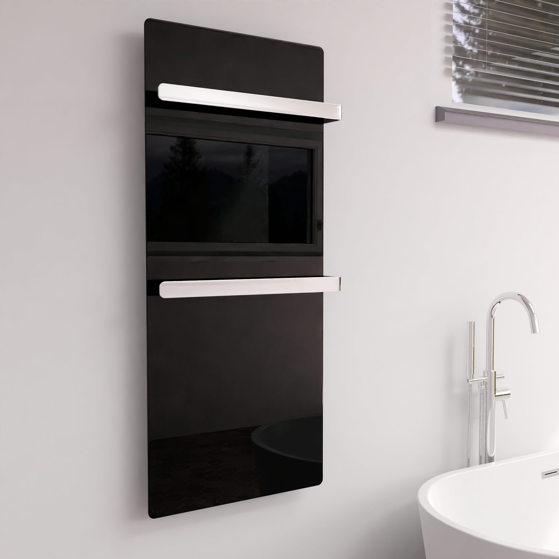 Handtuchtrockner ZenSwiss furo 52 x 120 cm in Glanz Schwarz, modernes Design mit Touch-Steuerung und zwei Handtuchhaltern.