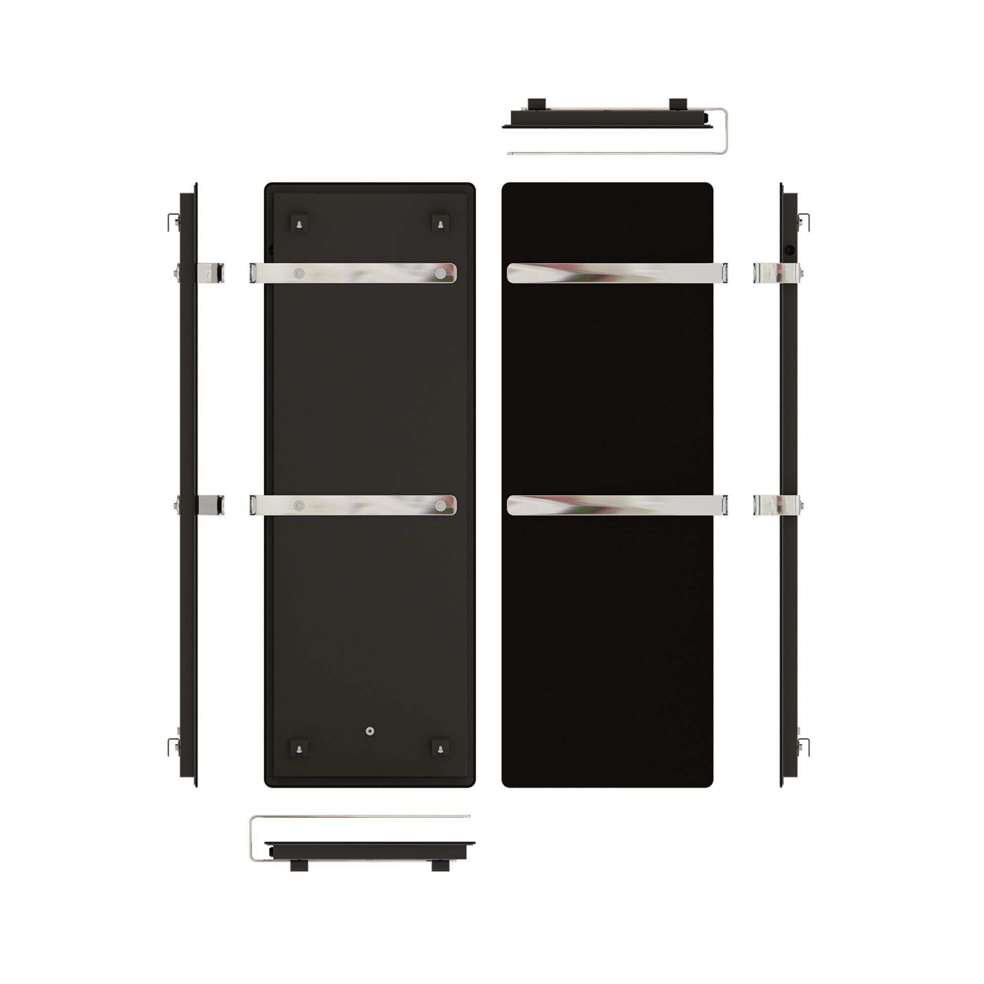 Handtuchtrockner ZenSwiss furo in Glanz Schwarz mit zwei Handtuchhaltern und integriertem Touch-Display.