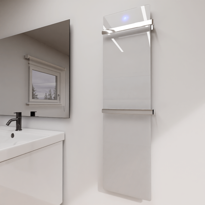 ZenSwiss furo Handtuchtrockner in Glanz Weiss mit zwei Handtuchhaltern und integrierter Touch-Steuerung.