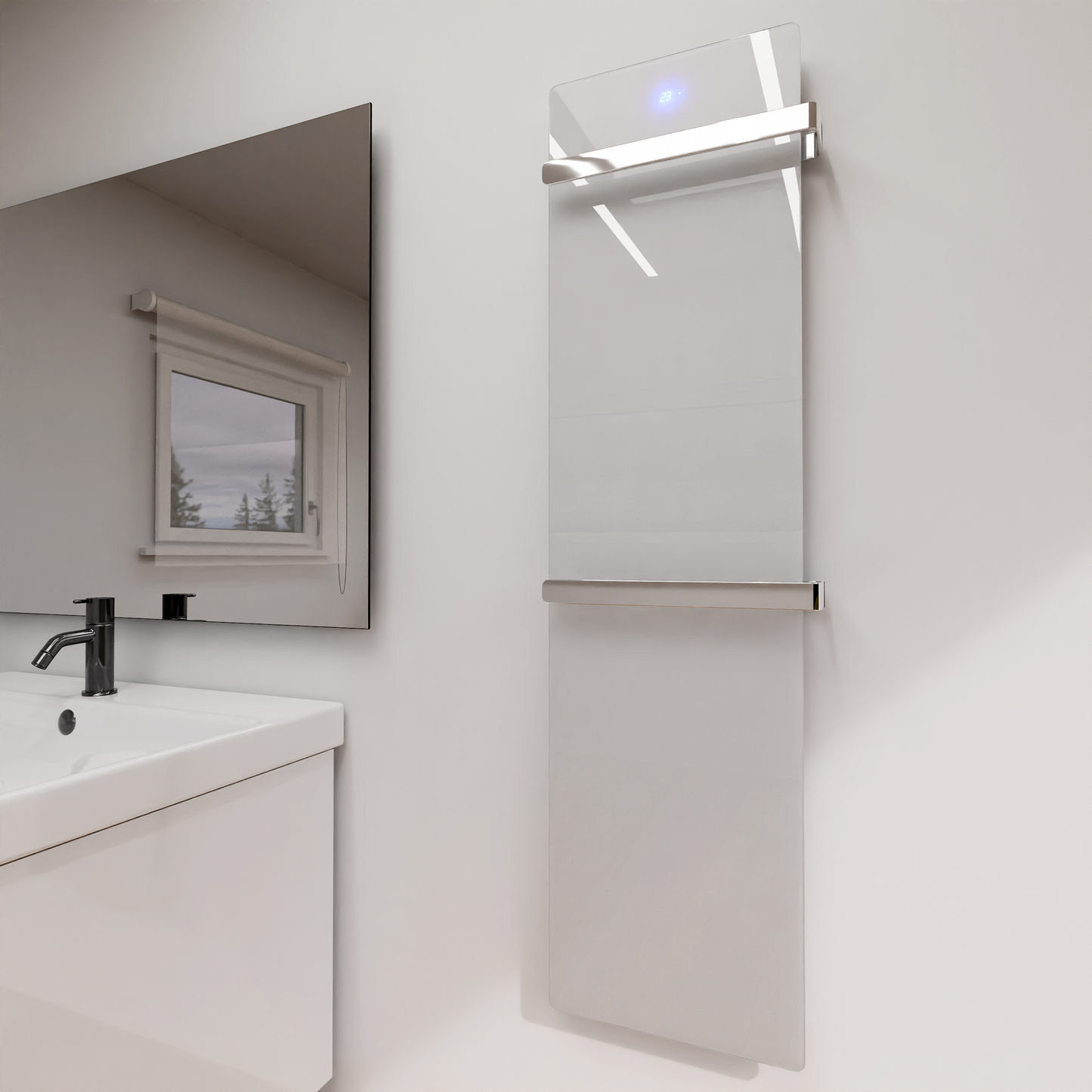 ZenSwiss furo Handtuchtrockner in Glanz Weiss, 42 x 160 cm, mit polierten Handtuchhaltern und Touch-Steuerung.