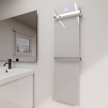 ZenSwiss furo Handtuchtrockner in Glanz Weiss, 42 x 160 cm, mit polierten Handtuchhaltern und Touch-Steuerung.
