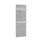 ZenSwiss furo Handtuchtrockner in Glanz Weiss, flaches Design mit zwei Handtuchhaltern und integrierter Touch-Steuerung.