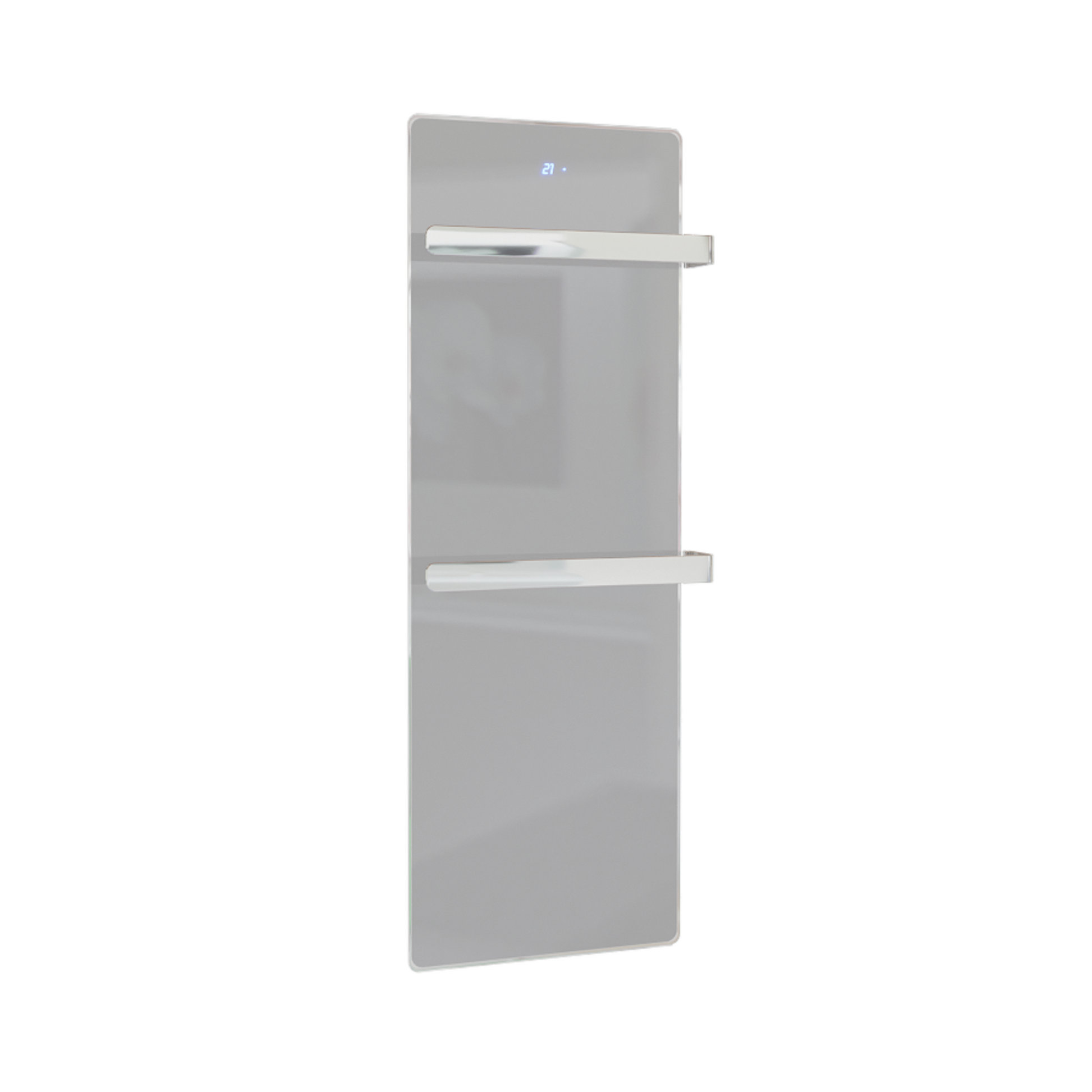 ZenSwiss furo Handtuchtrockner in Glanz Weiss, flaches Design mit zwei Handtuchhaltern und integrierter Touch-Steuerung.