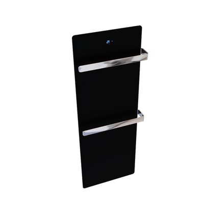 Handtuchtrockner ZenSwiss furo in Matt Schwarz, 42 x 120 cm, mit zwei Handtuchhaltern und versteckter Touch-Steuerung.