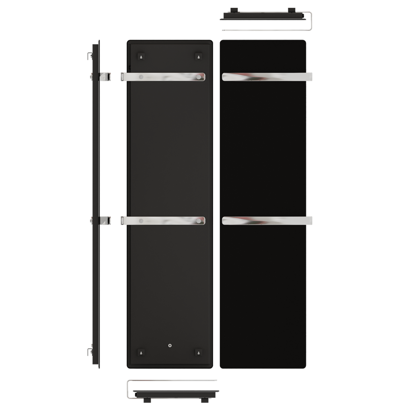 ZenSwiss Handtuchtrockner furo in matt schwarz, 42 x 160 cm, mit polierten Handtuchhaltern und Touch-Steuerung.